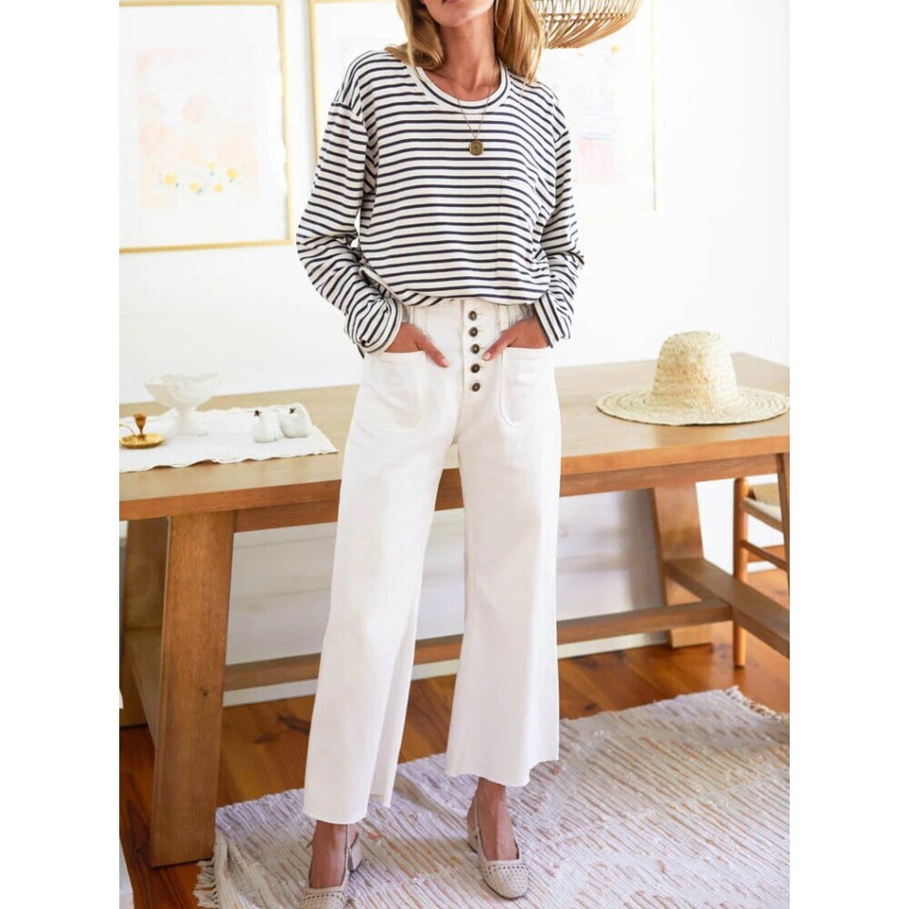 Emerson Fry Tulip Crop High Waisted Elastic Waistband White Wide-Leg Jeans Large